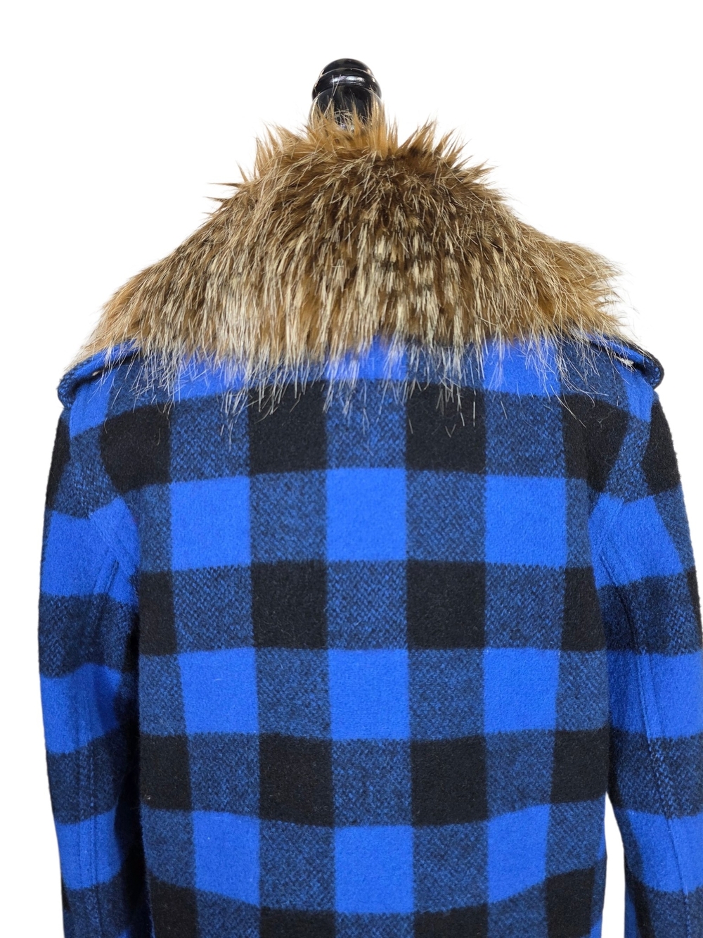 Smythe Wool Black & Electric Blue Buffalo Checks barn jacket with Faux Fur Trim - Picture 5 of 16